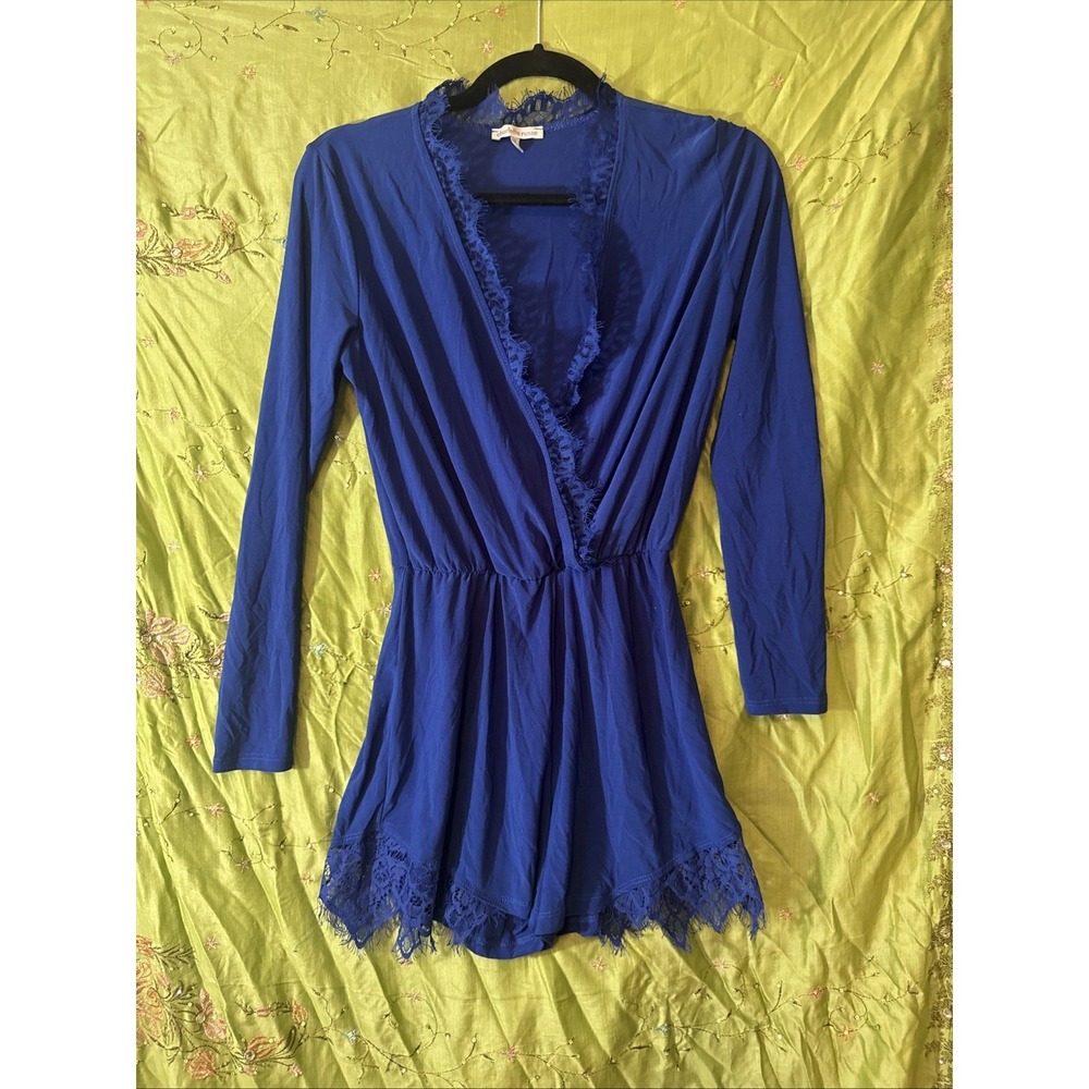 Charlotte Russe Y2K Romper Blue Long Sleeve Shorts Lace Detail Plunge Neckline M